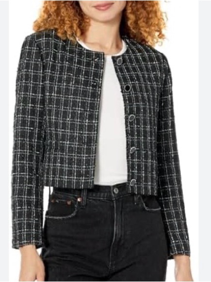 Club Monaco Collarless Cropped Black & White Tweed Blazer